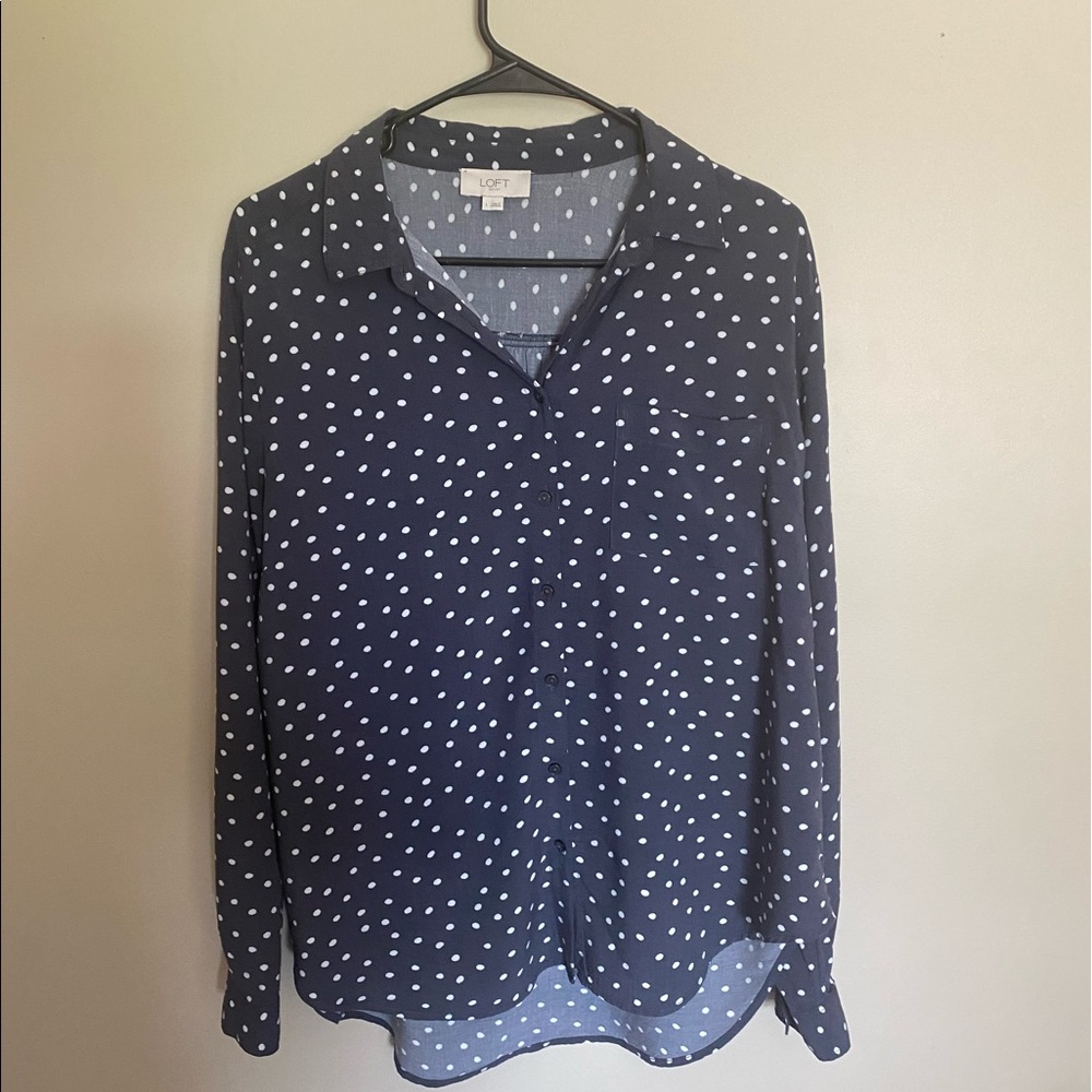 Loft Blue Button Down Blouse with Dots